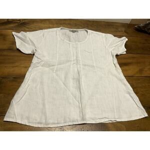 FLAX Womens Sz Small Short Sleeve White Linen Tunic Top -FLAW-